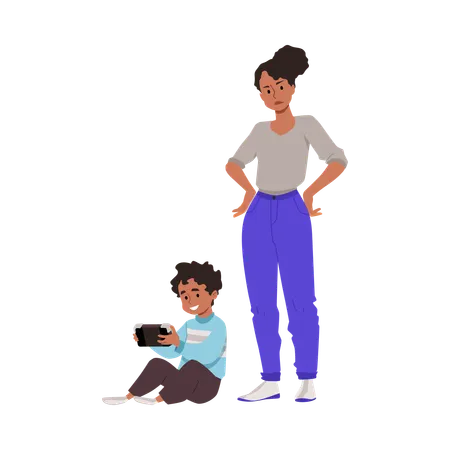 Boy sitting with tablet next to his dissatisfied mother  Illustration