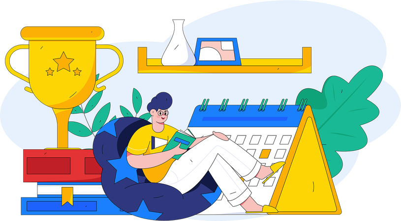 Boy sitting with trophy and books  Illustration