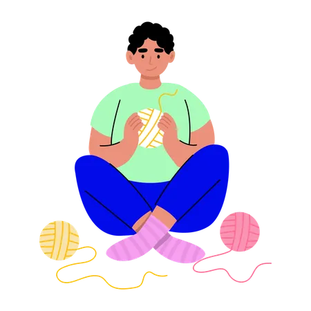 Boy sitting with yarn ball  Illustration