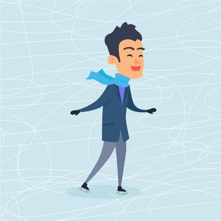 Isolated Cartoon Boy In Warm Winter Clothes Is Skating On Ice Rink Vector Illustration In Flat Design Of Male Person In Blue Scarf Grey Trousers And Bluish Jacket Christmas Entertainments In Town Illustration