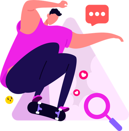 Boy Skating While Doing Social Media Search Engine  Illustration