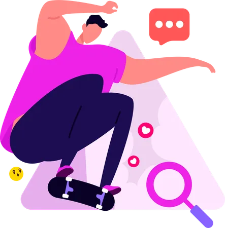 Boy Skating While Doing Social Media Search Engine  Illustration