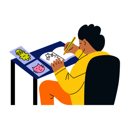 Boy sketching in notebook  Illustration