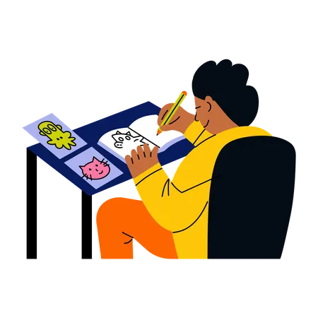 Boy sketching in notebook  Illustration