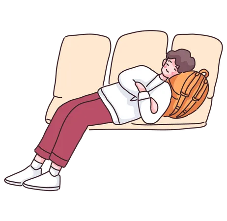 Boy sleeping in airport waiting area bench Illustration