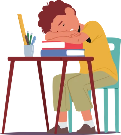 Young Boy With Learning Issues Rests His Head On A Cluttered Desk With Books Displaying A Poignant Image Of Determination Amid Difficulties Due To Autism Disease Cartoon People Vector Illustration Illustration