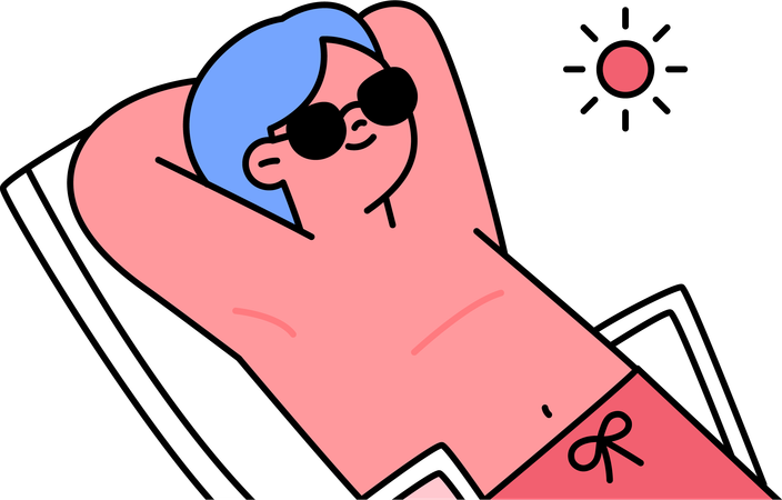 日光浴をするためにビーチベッドで眠る少年  イラスト