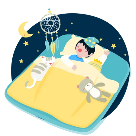 Boy sleeping on bed with cat Illustration
