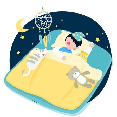 Boy sleeping on bed with cat  Illustration