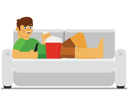 Boy sleeping on couch while eating popcorn Illustration