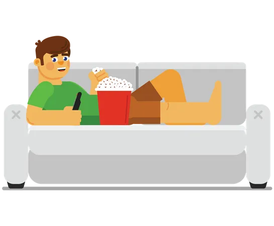 Boy sleeping on couch while eating popcorn  Illustration