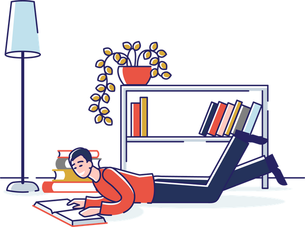 Boy sleeping upside down on floor and reading book  Illustration