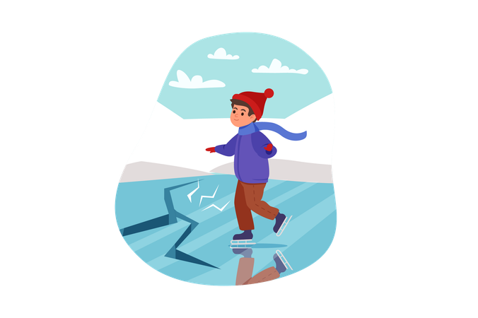 Boy sliding on frozen pond and ice cracked  Illustration