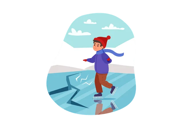 Boy sliding on frozen pond and ice cracked  Illustration