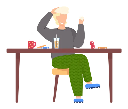 Man Sits On Chair Near Brown Table With Sweets Cup Glass Of Juice And Dice Boy Smiles And Plays Board Game Alone Young Man Has Interesting Hobby Person Resting And Spending Time With Card Game Illustration