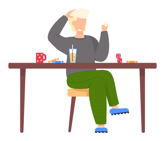 Boy smiles and plays board game alone  Illustration