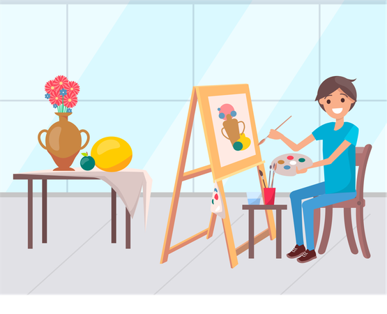 Boy smiling while holding palette and doing painting  Illustration