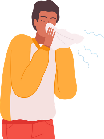 Boy sneezing in handkerchief Illustration