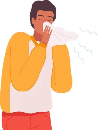 Boy sneezing in handkerchief  Illustration