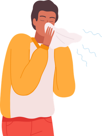 Boy sneezing in handkerchief  Illustration