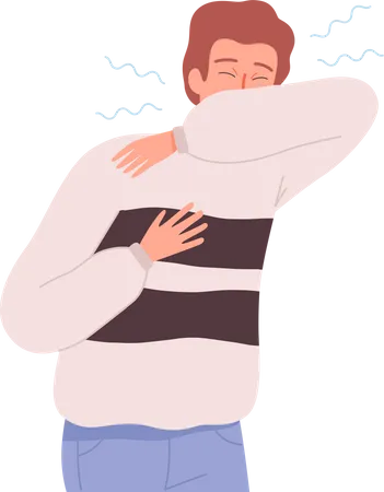 Boy sneezing while covering face with hand  Illustration