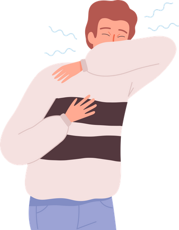 Boy sneezing while covering face with hand  Illustration