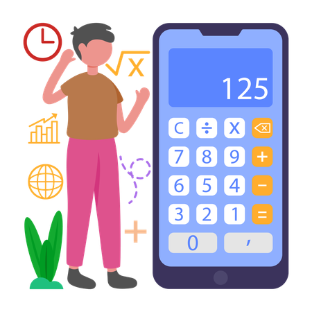 Boy Solve Math with Calculator App  Illustration