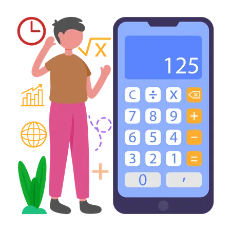 Boy Solve Math with Calculator App  Illustration