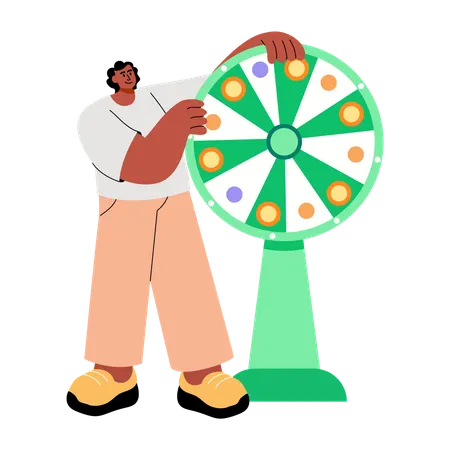 Boy spinning lucky wheel  Illustration