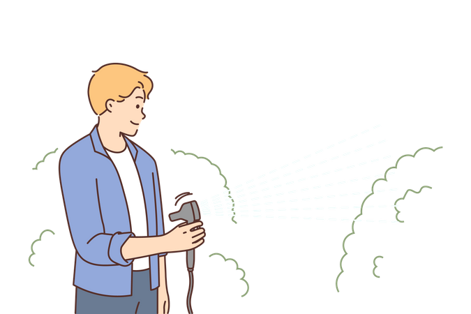 Boy spraying water using hose  Illustration