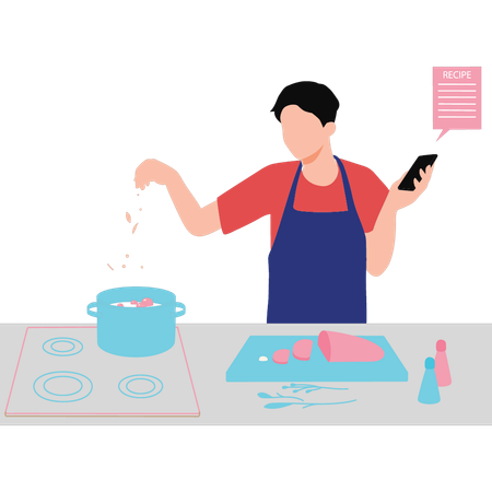 Boy sprinkling salt in the food  Illustration