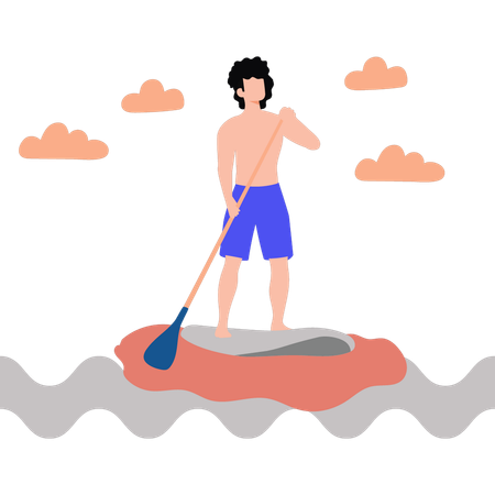 Boy standing and rowing boat  일러스트레이션
