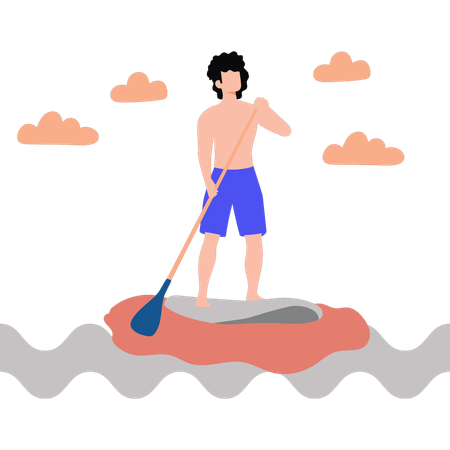 Boy standing and rowing boat  Illustration