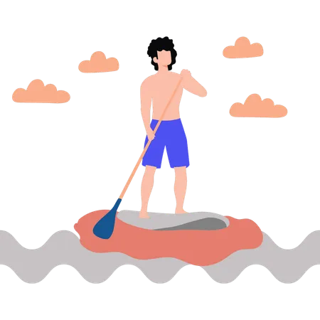 Boy standing and rowing boat  Illustration