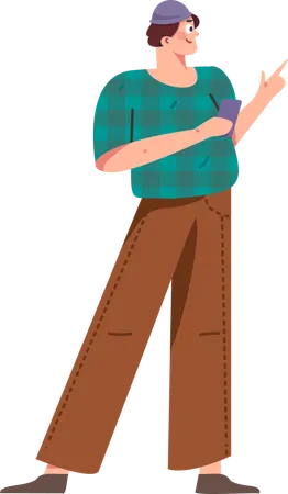 Boy standing and using phone  Illustration