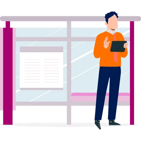 Boy standing at bus stop  Illustration