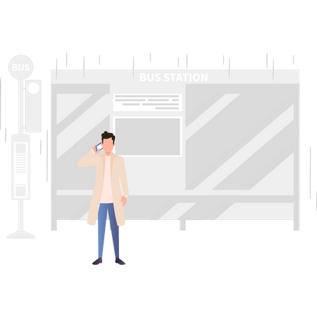 Boy standing at bus stop and talking on mobile  Illustration