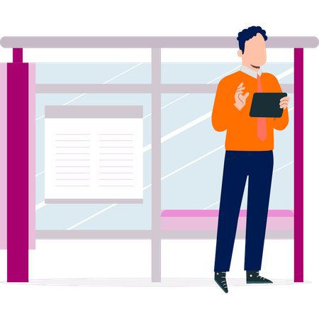 Boy standing at bus stop  Illustration