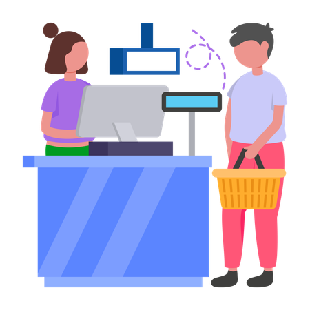 Boy standing at Cash Counter  Illustration