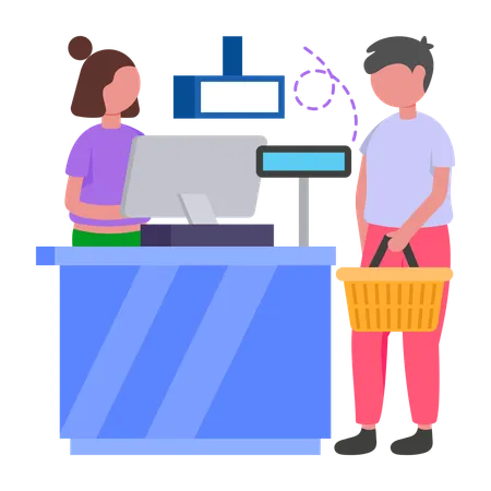 Boy standing at Cash Counter  Illustration
