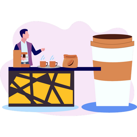 Boy standing at coffee counter  Illustration