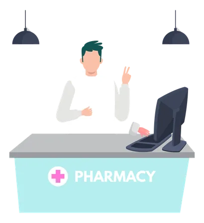 The Boy Is Standing At Reception Desk In Pharmacy Illustration