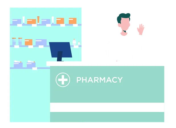 The Pharmacist Stands At Reception Of Pharmacy Illustration