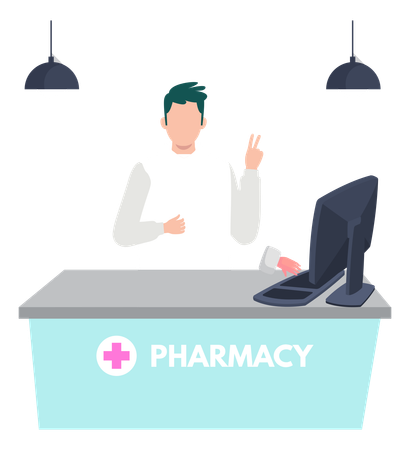 Boy Standing At Reception Desk In Pharmacy  Illustration