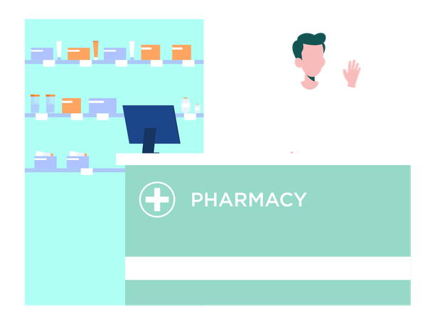 Boy Standing At Reception Desk In Pharmacy  Illustration