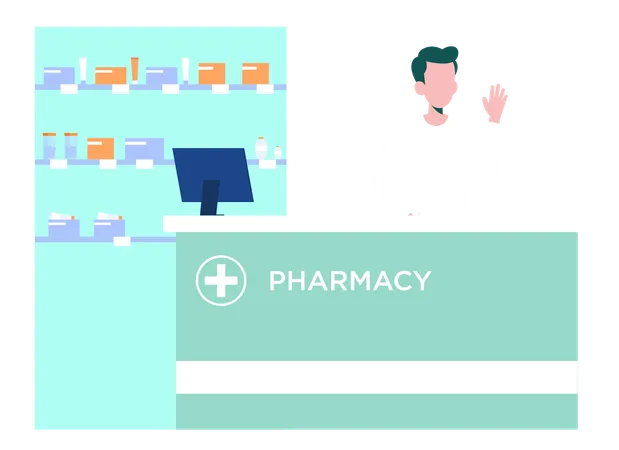 Boy Standing At Reception Desk In Pharmacy  Illustration