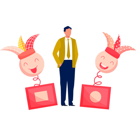 Boy standing between two opened funny boxes  Illustration