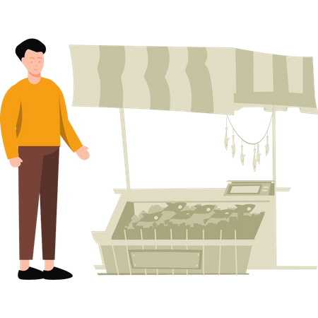 Boy standing by fish stall Illustration