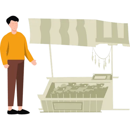 Boy standing by fish stall Illustration