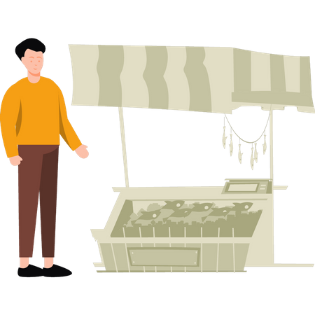 Boy standing by fish stall  Illustration